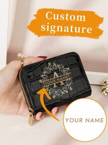 Ví ngắn họa tiết hoa cá sấu có thể tùy chỉnh, đựng thẻ đa năng, quà tặng cho ngày lễ tình nhân, ngày của mẹ, sinh nhật, ví và túi xách cho phụ nữ - màu đen - Xem 2