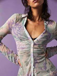 Women Button Up Long Shirt Casual Print Ruched Long Sleeve Blouse Fitted Work Tops For Streetwear - Blue - View 3