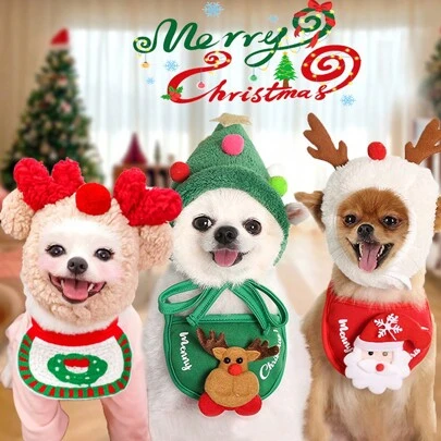 Christmas Dog & Cat Pet Christmas Tree Hat, Bib, Scarf, Teddy/Bulldog Autumn/Winter Apparel