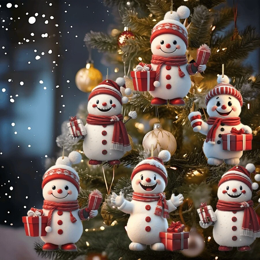 4pcs Cute Snowman Ornaments, New Year, Tree Decor, Valentine's Day, Birthday, Wedding, Celebration 2D Acrylic Hanging Decoration - Multicolor - View 1