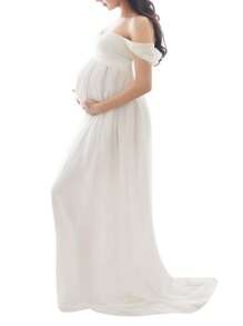 Maternity Dress For Photography Solid Color Off-Shoulder Chiffon Gown Front Split Long Pregnancy Dresses For Photoshoot - 白色 - 查看 3