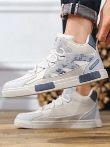 加大码 47 男士厚底防滑耐磨中帮拼色圆头系带休闲运动鞋，平底运动时尚校园鞋，PU 皮革拼接防水皮革鞋面耐油正式商务鞋 - 米色 - 查看 6