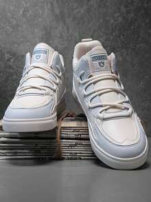 加大码 47 男士厚底防滑耐磨中帮拼色圆头系带休闲运动鞋，平底运动时尚校园鞋，PU 皮革拼接防水皮革鞋面耐油正式商务鞋 - 米色 - 查看 2