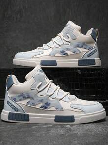 加大码 47 男士厚底防滑耐磨中帮拼色圆头系带休闲运动鞋，平底运动时尚校园鞋，PU 皮革拼接防水皮革鞋面耐油正式商务鞋 - 米色 - 查看 4