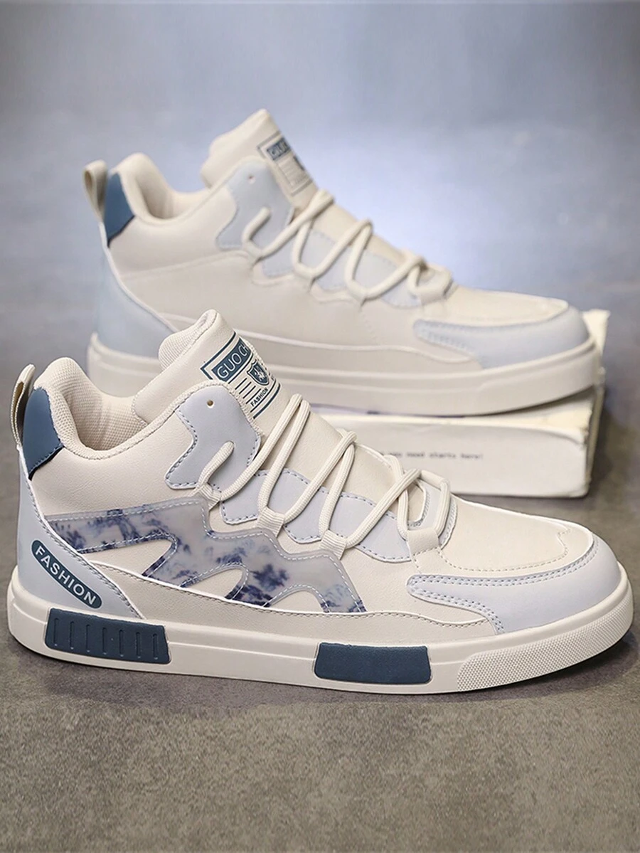 加大码 47 男士厚底防滑耐磨中帮拼色圆头系带休闲运动鞋,平底运动时尚校园鞋,PU 皮革拼接防水皮革鞋面耐油正式商务鞋 - 米色 - 查看 1