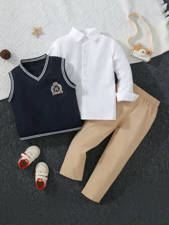 3pcs/Set Boys' Autumn/Winter Collegiate Style Outfit - Solid Color Shirt, Black Casual Vest, Khaki Pants, Suitable For Performances & Sports Events