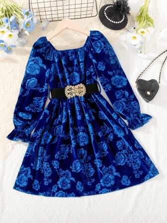 Tween 女童春秋针织提花天鹅绒面料长袖松紧腰舒适时尚连衣裙