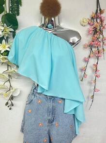 Collarless And Asymmetrical Shirts, Solid Ruffled And Lined Shirts - 淺藍色 - 查看 5