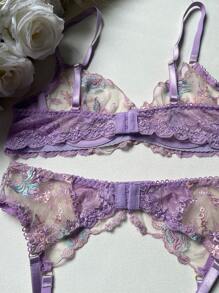 Women's Romantic Dating Purple Embroidery Bra Set For Going Out - Purple - View 9