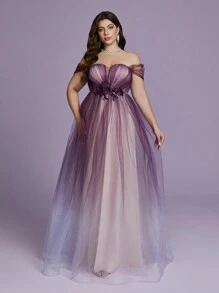 Chiếc váy phù dâu cỡ lớn thanh lịch này có thiết kế trễ vai với tay áo ngắn bằng vải chiffon, dáng dài thướt tha, cùng các chi tiết thêu và lưới lãng mạn toát lên vẻ quyến rũ. - Màu tím - Xem 5