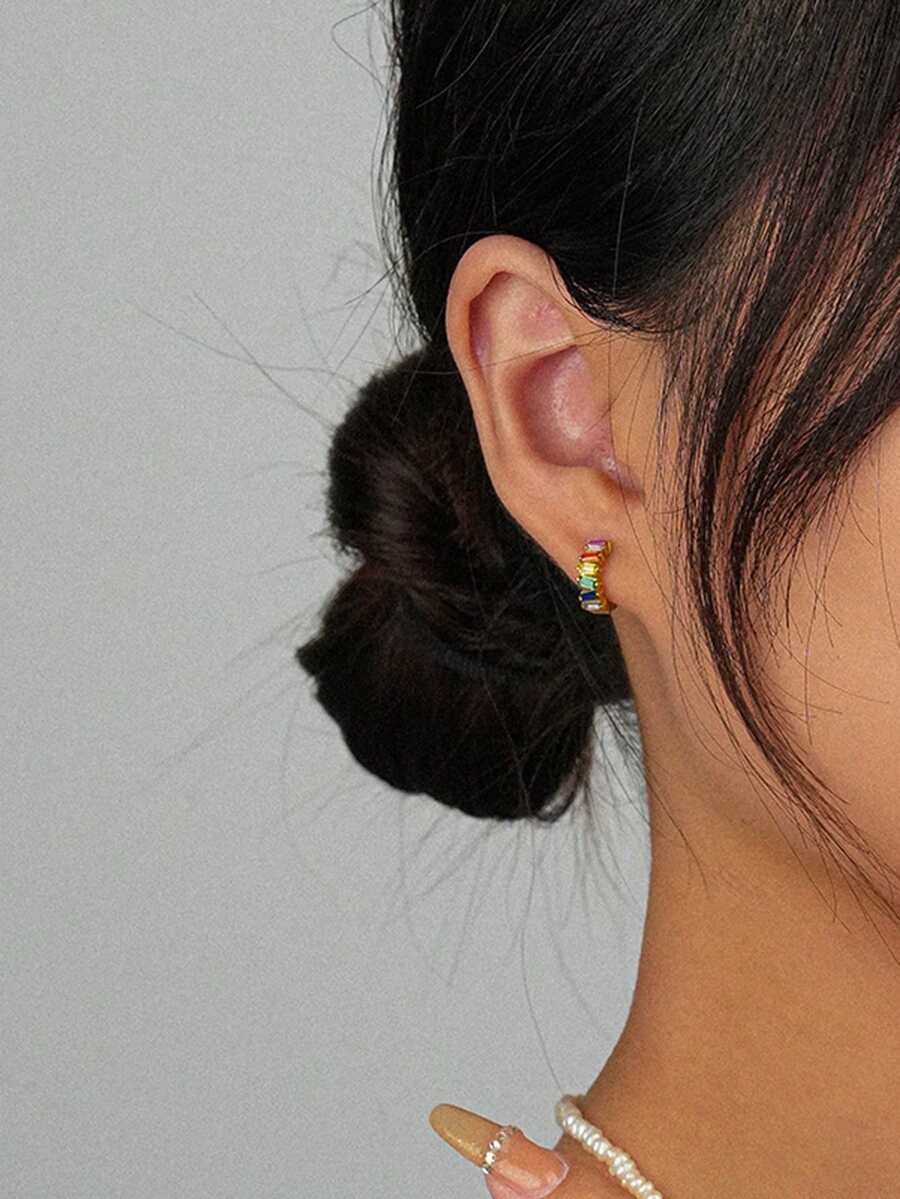 1 Cặp bông tai đính đá Cubic Zirconia nhiều màu bằng bạc Sterling 925 kèm hộp quà tặng, Phụ kiện thời trang sang trọng cho tiệc tùng/hẹn hò, đa năng cho các cô gái - Vàng - Xem 1