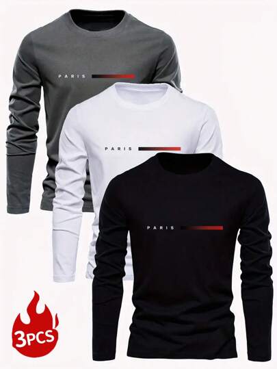 3pcs/Set Men Casual Daily Minimal Letter Print Long Sleeve T-Shirts, Autumn Tees, Fall Clothes