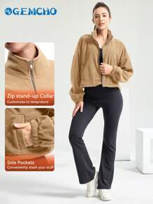 GEMCHO Veste en polaire pour femmes, veste courte zippée intégrale, col montant, manches longues, coupe ample, couleur unie, vêtements de sport courts avec sherpa