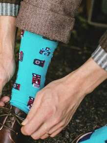 1 đôi tất cổ cao unisex thiết kế hình máy ảnh hoạt hình, tất thời trang màu xanh dương tươi sáng, kiểu dáng thường ngày. - Nhiều màu - Xem 2