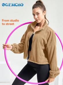 GEMCHO Veste en polaire pour femmes, veste courte zippée intégrale, col montant, manches longues, coupe ample, couleur unie, vêtements de sport courts avec sherpa
