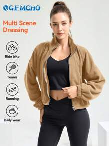 GEMCHO Veste en polaire pour femmes, veste courte zippée intégrale, col montant, manches longues, coupe ample, couleur unie, vêtements de sport courts avec sherpa