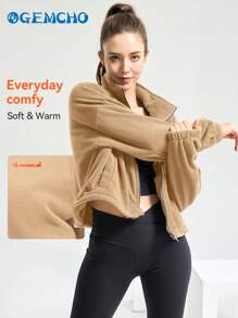 GEMCHO Veste en polaire pour femmes, veste courte zippée intégrale, col montant, manches longues, coupe ample, couleur unie, vêtements de sport courts avec sherpa