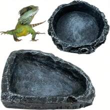 1pc Reptile Rock Food Dish - Durable Resin Craft Feeding Basin For Lizards, Bearded Dragons, Frogs, Geckos, Turtles, Hermit Crabs - Amphibious Water Bowl, Easy Cleaning, Space-Saving Design - Multicolor - View 1