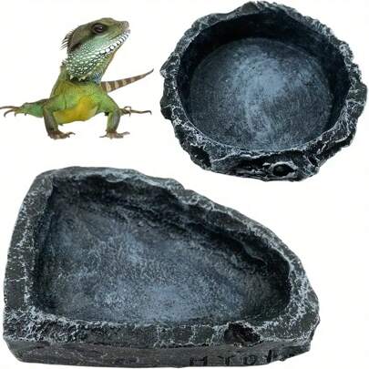 1pc Reptile Rock Food Dish - Durable Resin Craft Feeding Basin For Lizards, Bearded Dragons, Frogs, Geckos, Turtles, Hermit Crabs - Amphibious Water Bowl, Easy Cleaning, Space-Saving Design