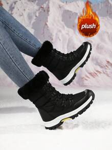 Stivali sportivi da donna per esterno, con fodera termica e suola spessa, antiscivolo, con platform, stringati, stivali da neve alla moda, stivali da donna in pelle con platform di nicchia - nero - Visualizzare 3