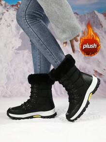 Stivali sportivi da donna per esterno, con fodera termica e suola spessa, antiscivolo, con platform, stringati, stivali da neve alla moda, stivali da donna in pelle con platform di nicchia - nero - Visualizzare 2