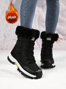 Stivali sportivi da donna per esterno, con fodera termica e suola spessa, antiscivolo, con platform, stringati, stivali da neve alla moda, stivali da donna in pelle con platform di nicchia - nero - Visualizzare 1