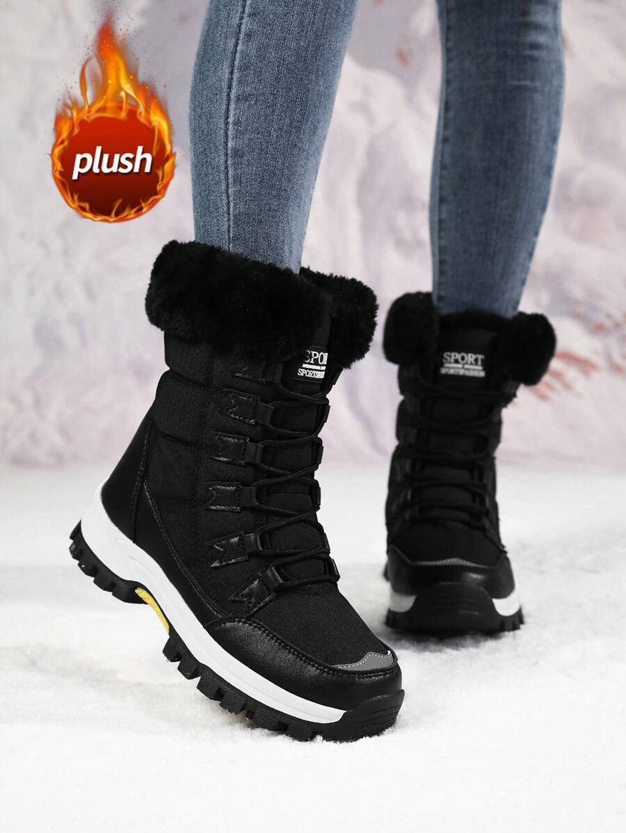 Stivali sportivi da donna per esterno, con fodera termica e suola spessa, antiscivolo, con platform, stringati, stivali da neve alla moda, stivali da donna in pelle con platform di nicchia - nero - Visualizzare 1