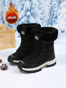 Stivali sportivi da donna per esterno, con fodera termica e suola spessa, antiscivolo, con platform, stringati, stivali da neve alla moda, stivali da donna in pelle con platform di nicchia - nero - Visualizzare 4