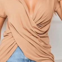 Plain Wrap Top In Viscolycra Comfortable Loose Oversized Short Sleeve Women's Fashion - Camel - View 2