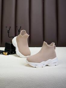 Children High-Top Breathable Lightweight Soft Sole Non-Slip Wear-Resistant Fashionable Casual Athletic Shoes, Sports Running Sneakers For Boys And Girls, Milky White - Beige - View 7