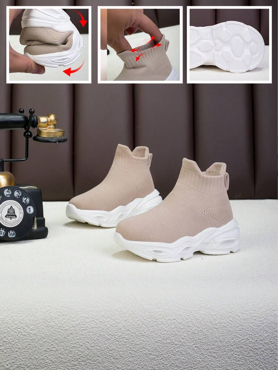 Children High-Top Breathable Lightweight Soft Sole Non-Slip Wear-Resistant Fashionable Casual Athletic Shoes, Sports Running Sneakers For Boys And Girls, Milky White - Beige - View 1