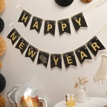 1 套新年快乐黑色和金色鱼尾铝箔五彩纸屑流苏花环派对装饰横幅 - 彩色 - 查看 9