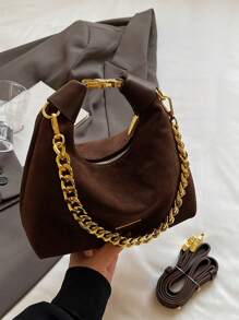 Casual Retro Suede Feel Underarm Bag With Chain Strap, Lightweight And Convenient For Commuting, Autumn, Newest Fashionable Suede Bag For Women - Coffee Brown - View 7