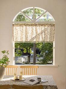 LOSPRING Gardenia Floral Print Linen-Like Sheer Curtain With Tassel Decor, Half Curtain - M-04 Gardenia - View 1