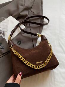 Casual Retro Suede Feel Underarm Bag With Chain Strap, Lightweight And Convenient For Commuting, Autumn, Newest Fashionable Suede Bag For Women - Coffee Brown - View 8