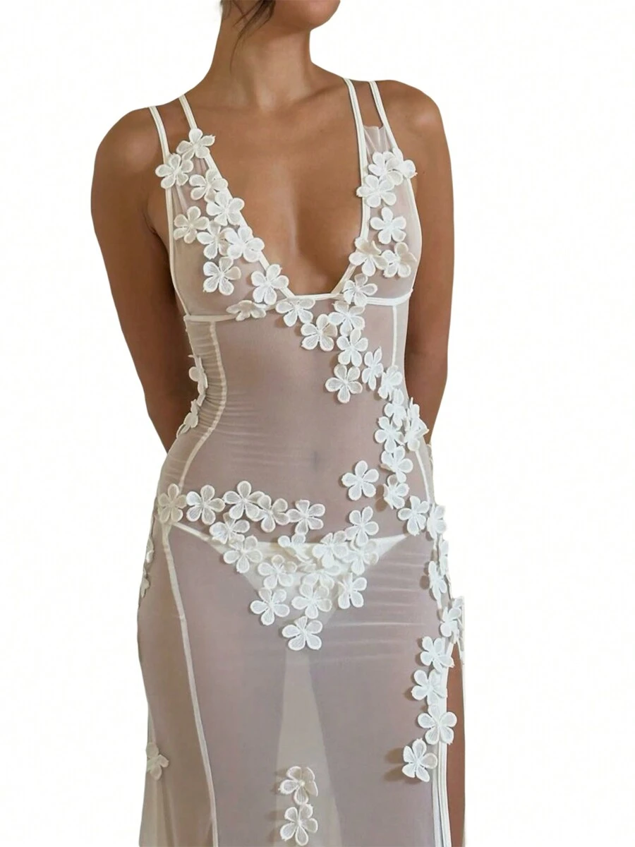 Women Sheer Mesh Sleeveless Dress Summer V Neck Flower Slit Party Dress For Cocktail Beach Club Streetwear - 白色 - 查看 1