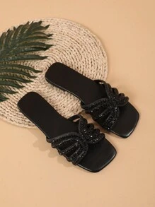 Wide Fit Glass Rhinestone Embellished Casual Flat Sandals For Women, Breathable Comfortable Open Toe Bling Bling Slide Sandals Suitable For Outdoor Walking, Vacation, Party, Elegant Palace Style