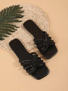 Wide Fit Glass Rhinestone Embellished Casual Flat Sandals For Women, Breathable Comfortable Open Toe Bling Bling Slide Sandals Suitable For Outdoor Walking, Vacation, Party, Elegant Palace Style