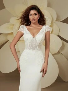 Váy cưới đuôi cá hở lưng đính hạt thêu tinh tế cổ chữ V đôi thanh lịch HEARBOBO - trắng - Xem 7