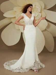 Váy cưới đuôi cá hở lưng đính hạt thêu tinh tế cổ chữ V đôi thanh lịch HEARBOBO - trắng - Xem 2