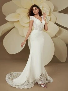 Váy cưới đuôi cá hở lưng đính hạt thêu tinh tế cổ chữ V đôi thanh lịch HEARBOBO - trắng - Xem 6