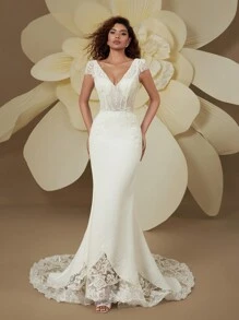 Váy cưới đuôi cá hở lưng đính hạt thêu tinh tế cổ chữ V đôi thanh lịch HEARBOBO - trắng - Xem 5