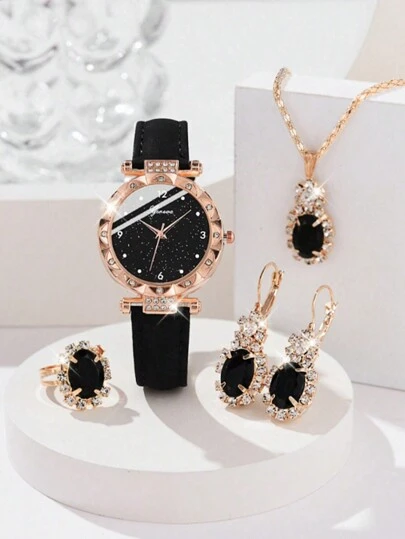 5pcs/Set Ladies' Black Pu Leather Strap Fashion Minimalist Quartz Watch With Rhinestone Features Digital, Round Dot, Round Dial, And Matching Accessories Including Necklace, Ring And Earrings. Suitable For Daily Wear And As A Gift On Holidays.