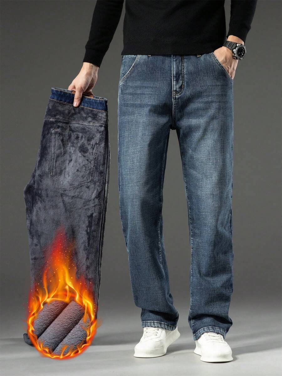 Men's Warm Padded Stretch Jeans, Loose Casual Fleece Jeans, Straight Mid-Waist Fashionable Versatile Jeans, Suitable For Daily, Outdoor - 燧石 - 查看 1