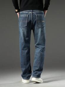 Men's Warm Padded Stretch Jeans, Loose Casual Fleece Jeans, Straight Mid-Waist Fashionable Versatile Jeans, Suitable For Daily, Outdoor - 燧石 - 查看 2