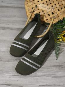 女士时尚新款针织透气纯色方头一脚蹬软平底低跟乐福鞋，舒适休闲运动鞋 - 綠色 - 查看 2