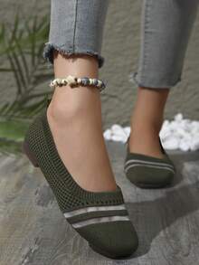 女士时尚新款针织透气纯色方头一脚蹬软平底低跟乐福鞋，舒适休闲运动鞋 - 綠色 - 查看 3