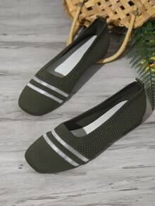 女士时尚新款针织透气纯色方头一脚蹬软平底低跟乐福鞋，舒适休闲运动鞋 - 綠色 - 查看 8