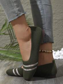 女士时尚新款针织透气纯色方头一脚蹬软平底低跟乐福鞋，舒适休闲运动鞋 - 綠色 - 查看 5