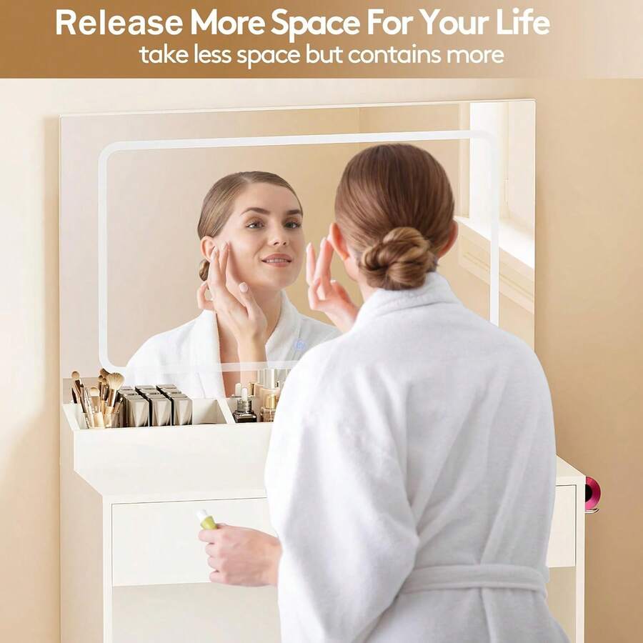 Vanity Desk With Large Lighted Mirror & Power Outlet, 3 Color Lighting